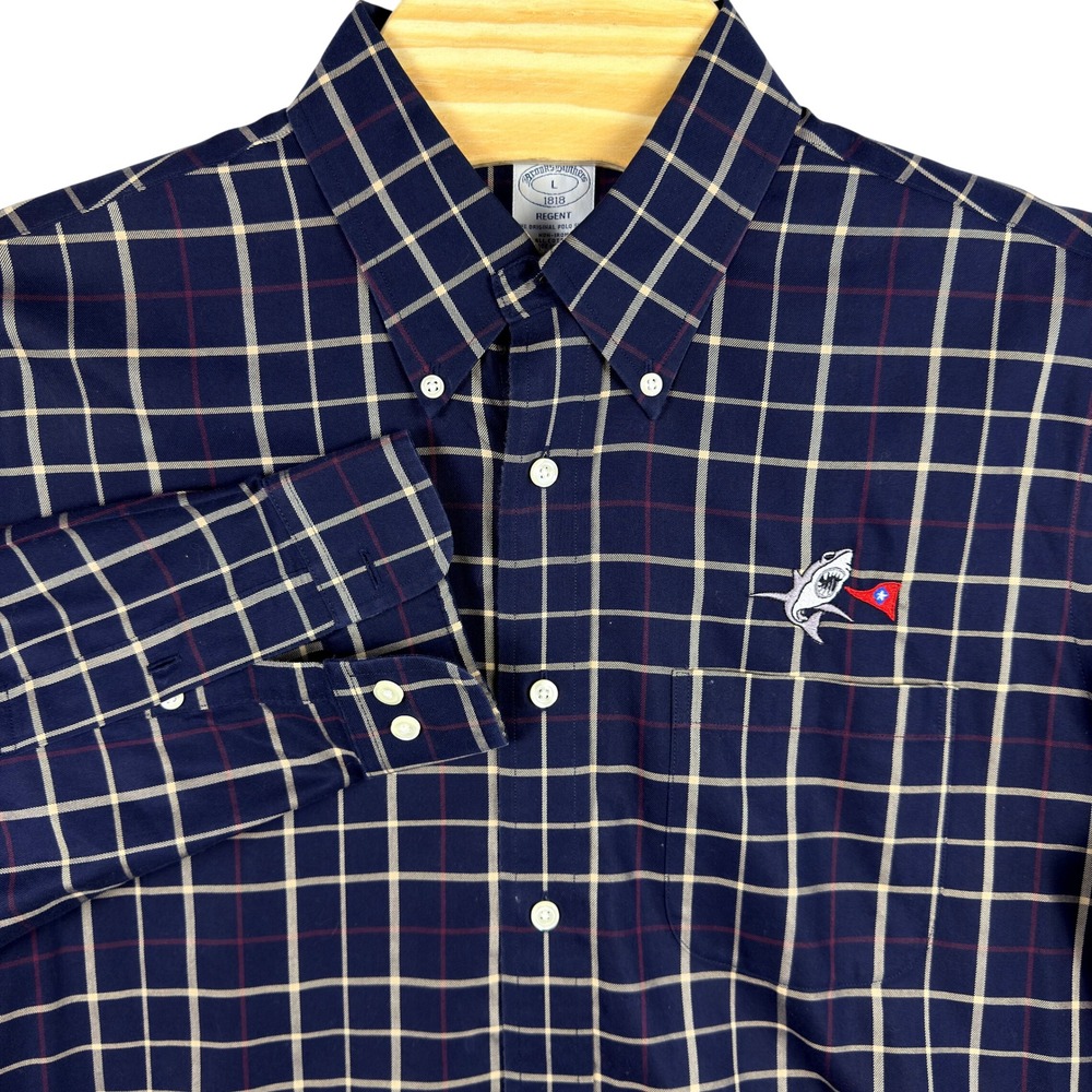 Brooks‎ Brothers Mens Regent Non-Iron Shirt L Navy Blue Windowpane Shark Logo